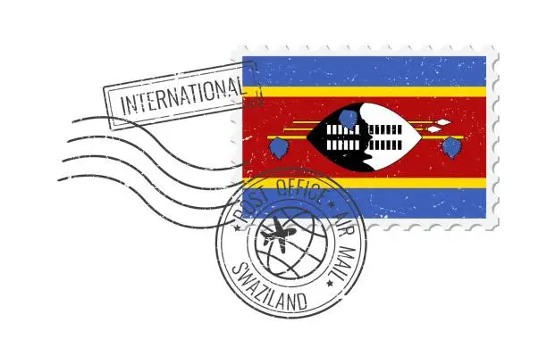 Vector illustration of Swaziland grunge postage stamp. Vintage postcard vector illustration with Eswatini national flag isolated on white background. Retro style.