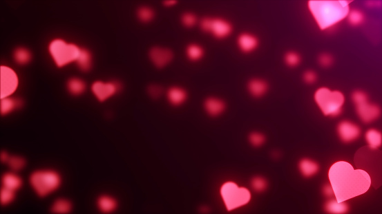 Abstract red hearts on dark background. Valentine's day, anniversary, mother's day, marriage, invitation e-card, romantic. Flying throught shiny glowing particles on dark background