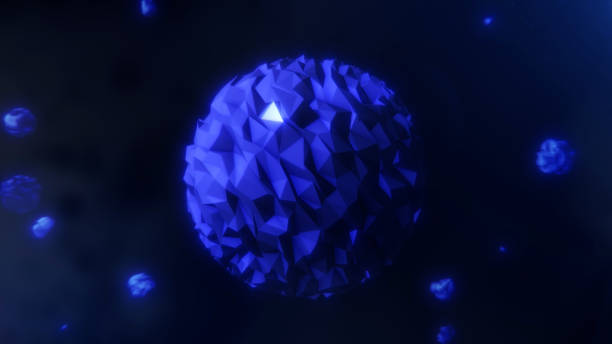 istock A purple blue meteorite fragment floating in space against the backdrop of others particles. Shiny rotating metallic granite sphere in dark background. Vj technology digital. 2005350363