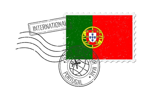 Portugal grunge postage stamp. Vintage postcard vector illustration with Portuguese national flag isolated on white background. Retro style.