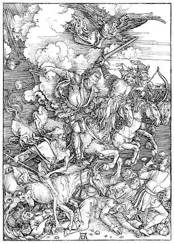 The Four Horsemen of the Apocalypse
from The Apocalypse or the Revelation of St. John, c. 1497 - 98 ( woodcut ) 
Original edition from my own archives
Source : 1886 Ilustración Artística