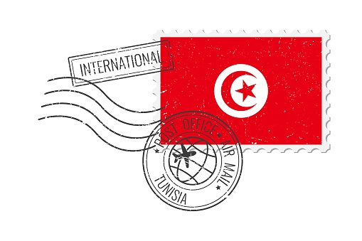 Tunisia grunge postage stamp. Vintage postcard vector illustration with Tunisian national flag isolated on white background. Retro style.