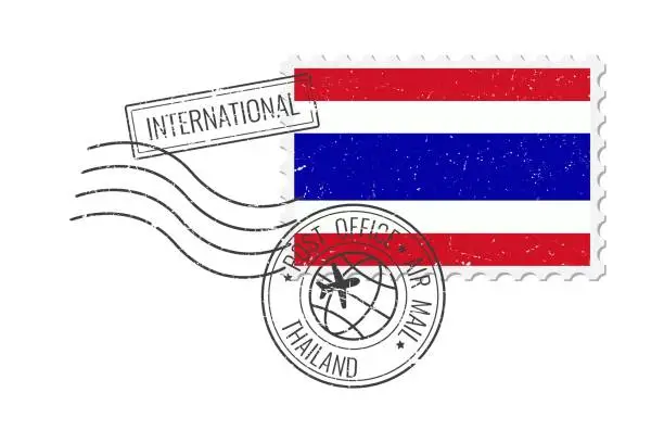 Vector illustration of Thailand grunge postage stamp. Vintage postcard vector illustration with Thai national flag isolated on white background. Retro style.