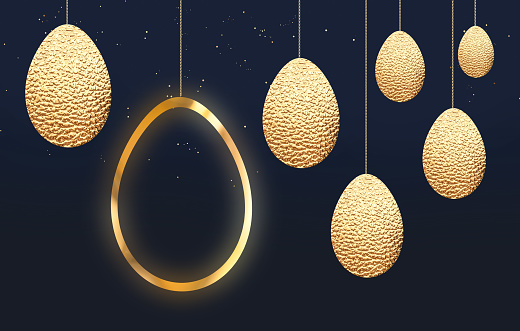 golden Eggs, copy space, dark background. for design cards, posters, invitations for Easter