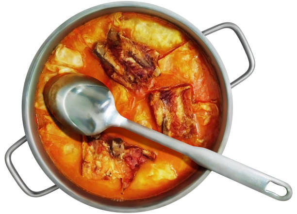 Close-up of braised pork ribs in pot