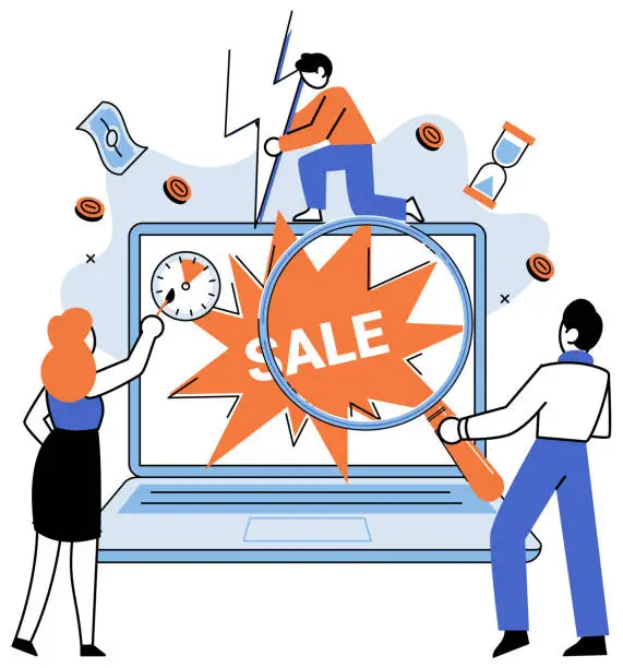 Vector illustration of Promotion discount sale. Flash sale online, windfall in regular pace of e-commerce Sales index, pulse-check
