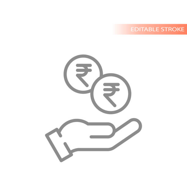 Human hand and Indian rupee symbol Money and finance line vector icon rupee symbol stock illustrations