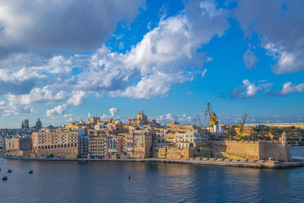 Panoramic view of Malta, Valletta, from aboard a ship at sea.