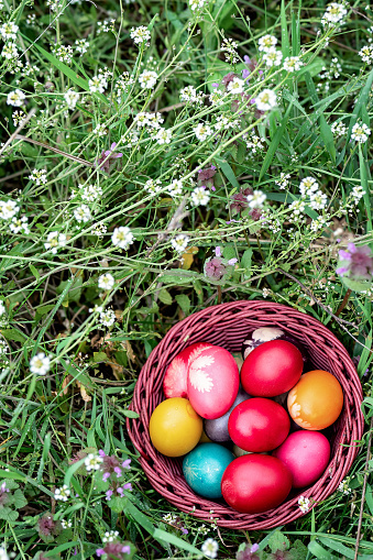 Wicker basket with colorful Easter eggs laying in the grass