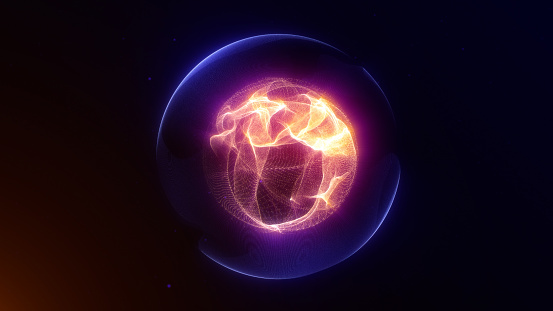 Glowing rotating particle neon plasma sphere in the Universe. Virtual assistant animation. Energy kinetic orb. Technology, science, artificial intelligence background. Pink and blue.