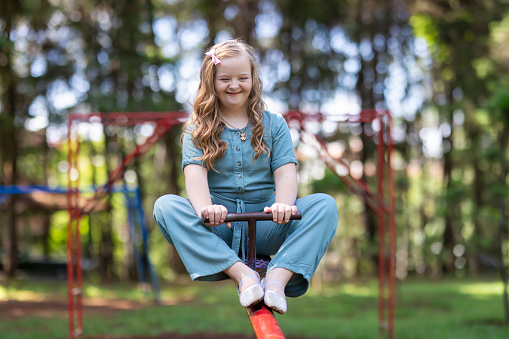 Portrait of a happy girl on the seesaw