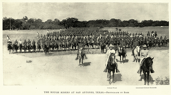 Vintage picture, Military history, Rough Riders, United States Volunteer Cavalry, Spanish–American War, Theodore Roosevelt, Leonard Wood, 1890s 19th Century