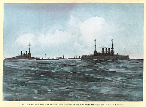 Vintage picture, Military history, United States Navy fleet, Battleships, Indiana and New York, guarded by torpedo boats and cruisers, Spanish–American War, 19th Century
