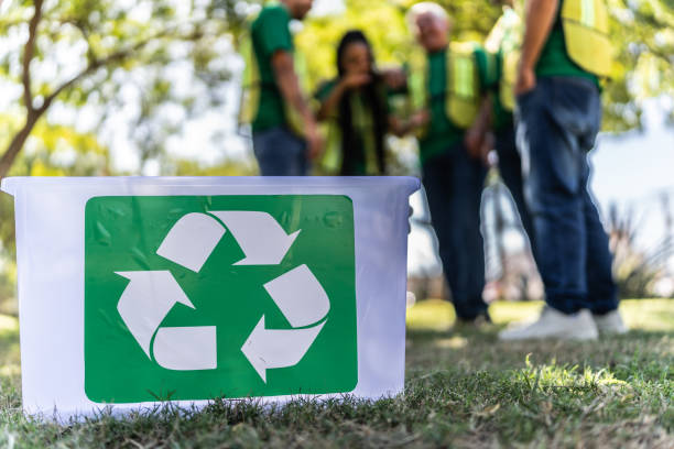 Close-up of recycling box on public park