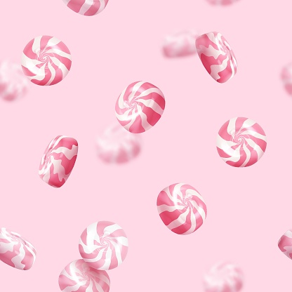 Seamless pattern with 3d glossy candies, striped lollipops on pink background. Vector illustration for postcard, icons, poster, banner, web, design, arts, print for packaging, fabrics, wallpapers.
