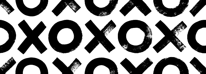 Grunge seamless banner design with crosses and circles. Seamless pattern with tic tac toe motif. Hand drawn vector illustration with black doodle geometric shapes. Typography print or wallpaper.