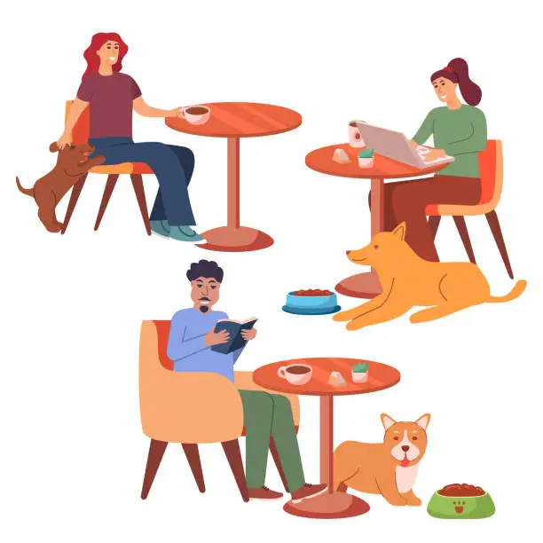 Vector illustration of Woman in pet-friendly cafe with dog. Pet friendly restaurant.