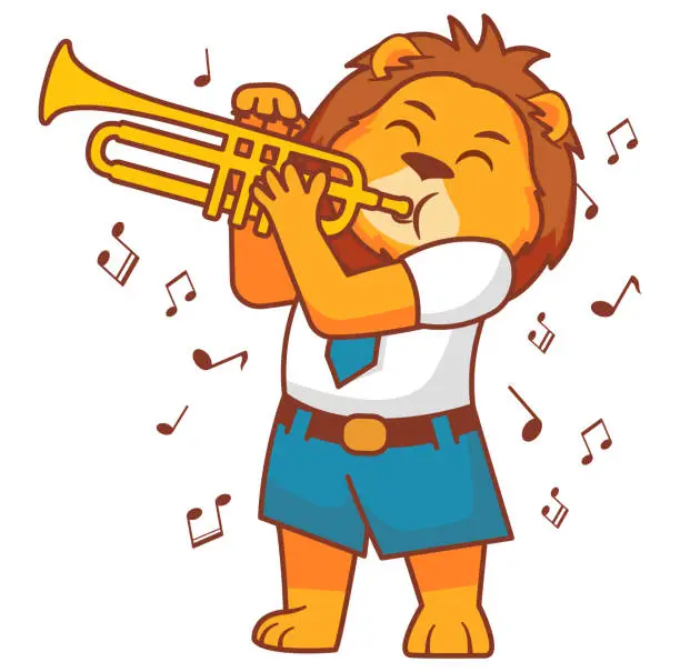 Vector illustration of The lion plays the trumpet.Animal musician character.A student to study at a music school on the trumpet.