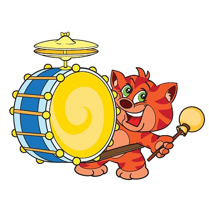 red happy cat knocks on a big yellow drum, isolated object on a white background, cartoon, vector, eps