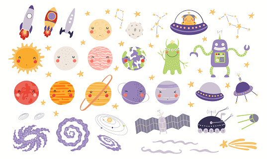 Cute space clipart set, planets, stars, spaceship, aliens, isolated on white. Hand drawn vector illustration. Scene creator, elements collection. Scandinavian style flat design. Concept for kids print
