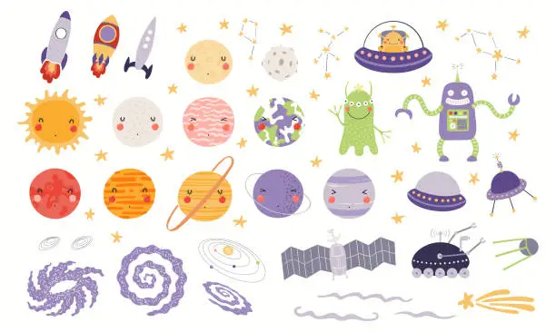 Vector illustration of Cute space clipart set, planets, spaceship, aliens