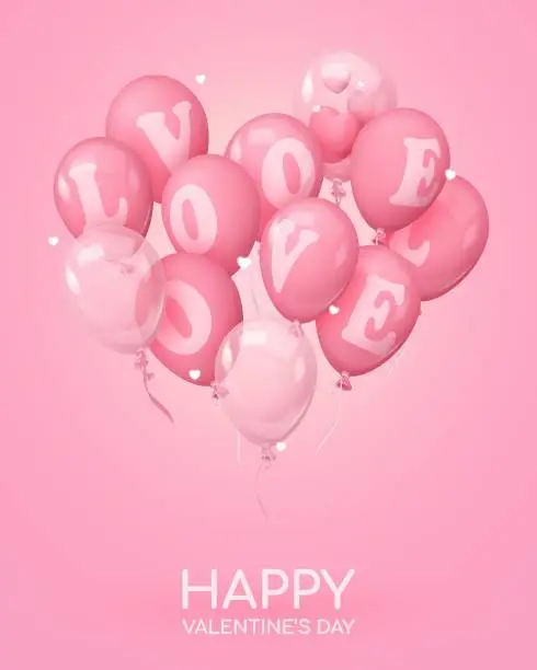 Vector illustration of Happy Valentine's Day Poster with pink realistic glossy, matt and clear balloons with letters LOVE. Vector illustration for card, party, design, flyer, poster, banner, web, advertising