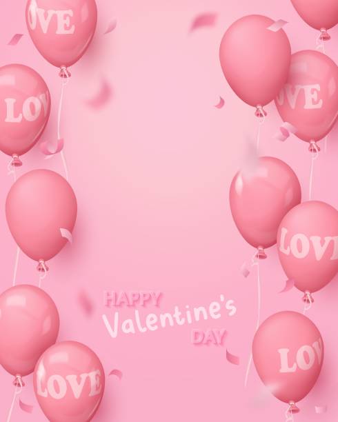 istock Happy Valentine's Day Card with pink realistic glossy, matt balloons with word LOVE. Vector illustration for card, party, design, flyer, poster, decor, banner, web, advertising 2005484849