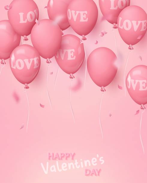 istock Poster Happy Valentine's Day with pink realistic glossy, matt and clear balloons with word LOVE. Vector illustration for card, party, design, flyer, poster, decor, banner, web, advertising 2005484854