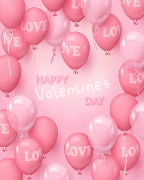 istock Poster Happy Valentine's Day with pink realistic glossy, matt and clear balloons with word LOVE. Vector illustration for card, party, design, flyer, poster, decor, banner, web, advertising 2005484911