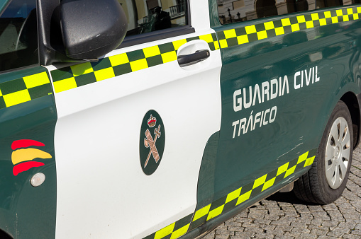 Badajoz, Spain. February 12, 2024. Side of a Spanish Civil Guard traffic and accident investigation vehicle.