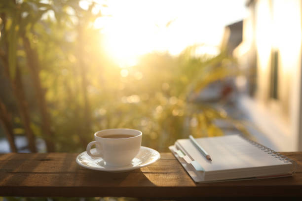 istock Coffee cup and notebook and plant pot on wooden table under sunlight 2005512248