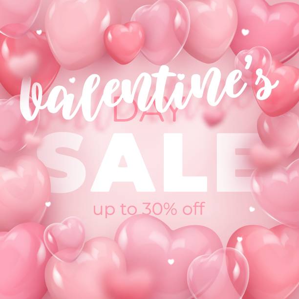 istock SALE poster Happy Valentine's Day with pink realistic glossy and clear hearts. Vector illustration for discount card, party, design, flyer, poster, decor, banner, web, advertising 2005514468