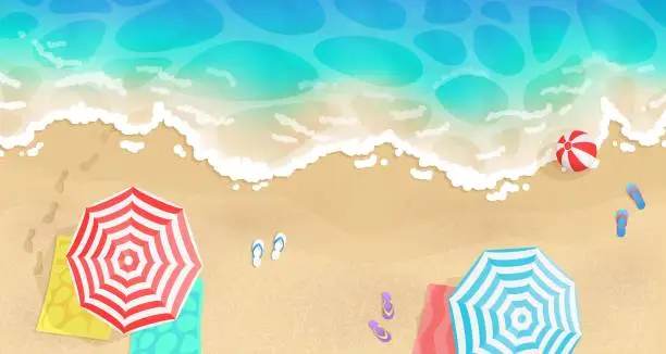 Vector illustration of Top view of a cartoon sea, summer beach, coast with umbrellas, towels and flip flop, sandal, shoes, blue wave. Vector illustration for card, party, design, flyer, banner, web, advertising, promotion