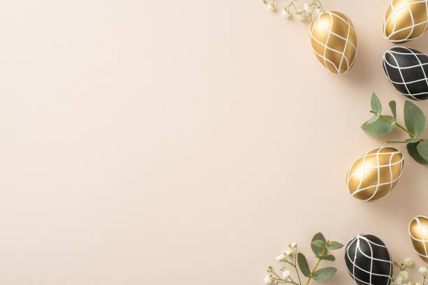 istock Chic Easter composition: Directly top view shot of sophisticated eggs, natural eucalyptus boughs, airy gypsophila sprigs, positioned on light beige underlay, leaving space for textual content or promo 2005516704