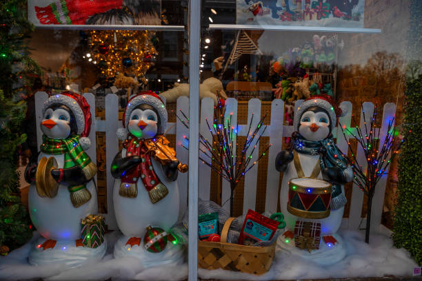 Festive Christmas decorations in store front window in the historical town of Jonesborough, Tennessee, USA.