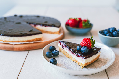 Delicious homemade no bake cheesecake with fresh blueberry and strawberry.
