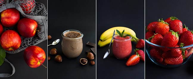 Collage of photos of healthy food. Milk yogurt with chocolate and hazelnut, smoothie with strawberry and banana, apples and strawberry on the black background. Close-up.