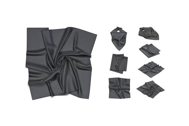 Blank black twill silk scarf mockup, different types Blank black twill silk scarf mockup, different types, 3d rendering. Empty fabric classic scarves for elegant outfit mock up, isolated. Clear wrinkled silken neckerchief or neckwear template. black shawl wrap stock pictures, royalty-free photos & images