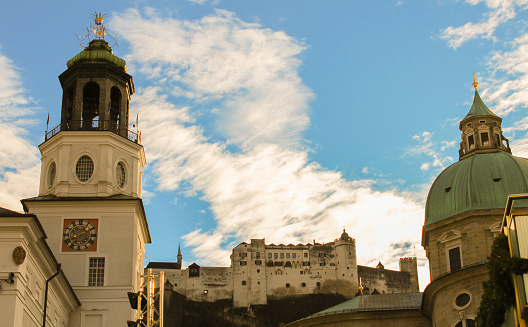 Salzburg, Austria - 7 August, 2023: Scenic view of Salzburg old town and Hohensalzburg Castle