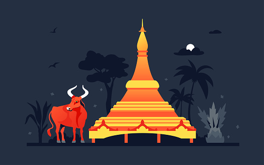 Global Vipassana Pagoda - modern colored vector illustration with monument and meditation hall in Mumbai in India. Buddhist temple, sacred cow, southern night, religion and cultural heritage