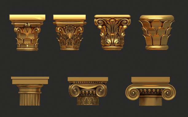 3d illustration. Set of vintage classic golden columns pillars