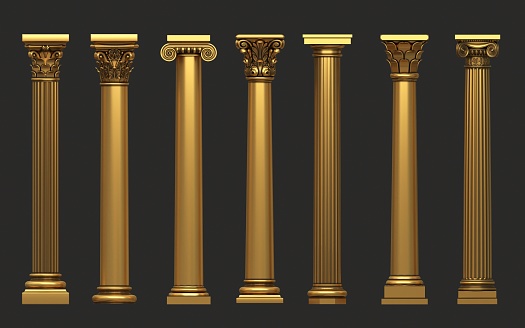 3d illustration. A set of carved golden carpentry elements of columns, brackets, balustrades