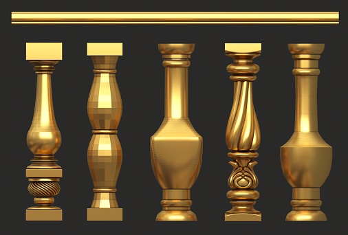 3d illustration. Set of different classic vintage golden balusters