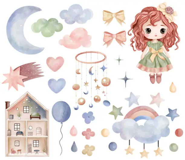 Vector illustration of Watercolor toys doll, puppet house. Set of vector hand drawn nursery elements, clouds, moon, rainbow, stars
