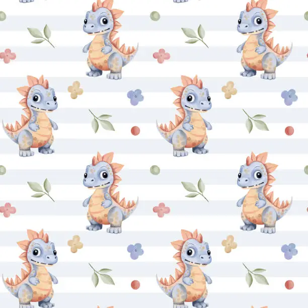 Vector illustration of Seamless pattern with dinosaur, flowers, cute childish wallpaper. Watercolor dinosaur background in pastel colors