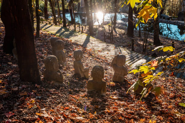 Landscape in Oriental Garden Bacalhoa Buddha Eden Park with Monk stone figures in Portugal