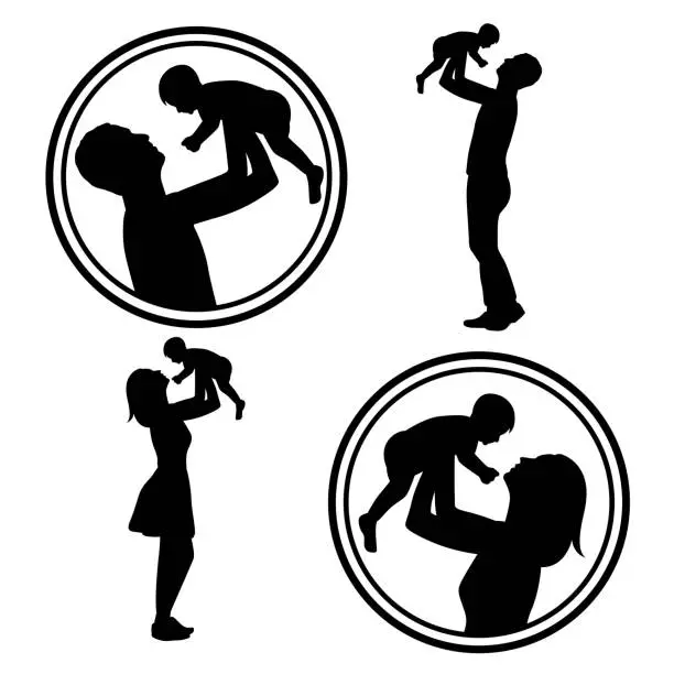 Vector illustration of Mother and father silhouettes lifting their babies