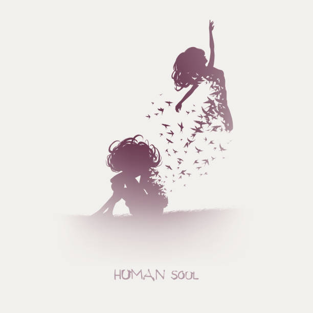 Lonely sitting woman Human soul. Death, afterlife. Isolated silhouette levitation stock illustrations