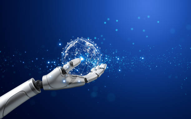 istock Futuristic 3d robot arm touching to virtual world with connection line for global networks and technology linkage concept. 2005636131