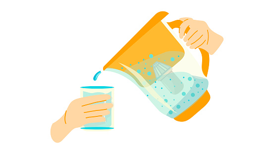 Pouring water into glass from a household filter jug through a carbon cartridge, composition of the cleaning process, hand-drawn vector illustration.